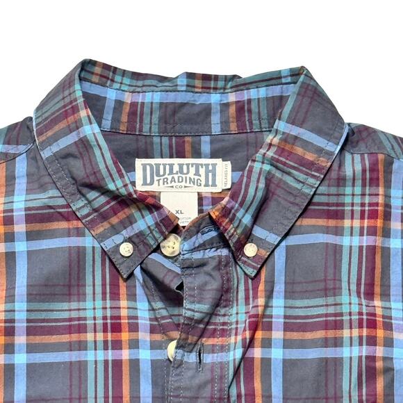 Duluth Trading Co. Button Down Plaid Short Sleeve Relaxed Fit Blue Shirt Mens XL - Picture 2 of 8
